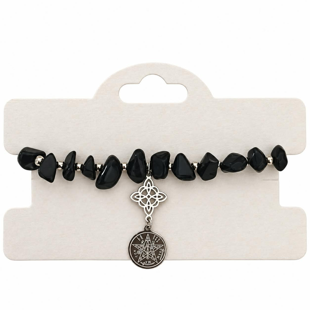 Pulsera Hilo Y Piedra Turmalina Con Dije Acero Nudo De Bruja-Tetragramaton Doble Proteccion PULSERAS MINERALES