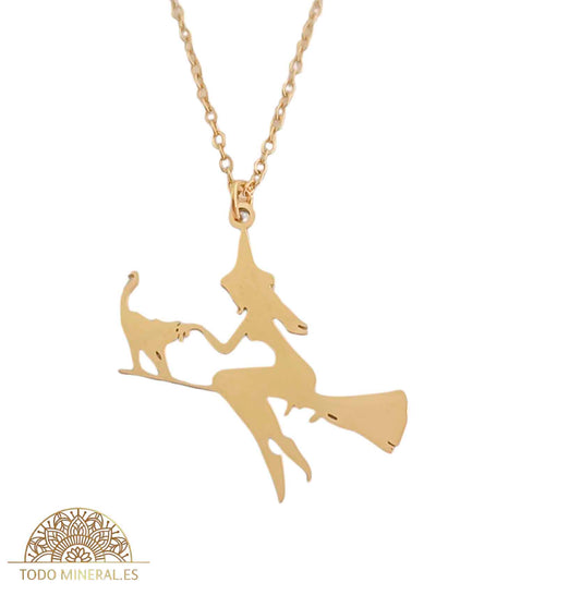 Collar Acero Dordado Bruja Con Gato y Cadena 45+5 Cms