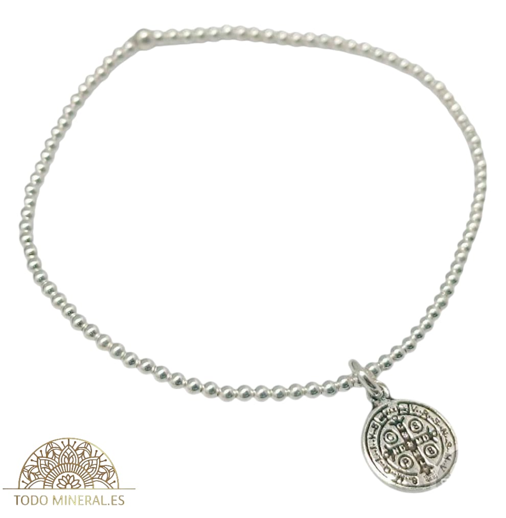 Pulsera Elástica Bolas 2 mm Plata 925 Dije San Benito 500303154 TODOMINERAL