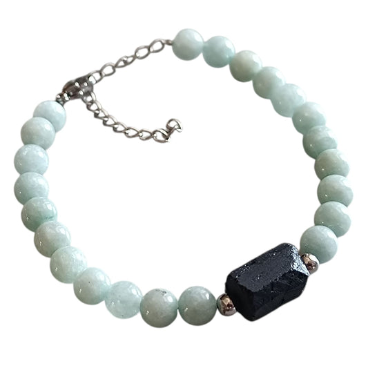 Pulsera de Piedra Natural Jade Burma Con Entrepieza Piedra Turmalina Proteccion y Abundancia PULSERA ACERO