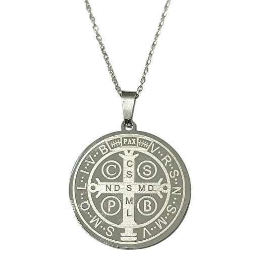 Collar Medalla San Benito En Acero Inoxidable Con Cadena 40 Cms TODOMINERAL