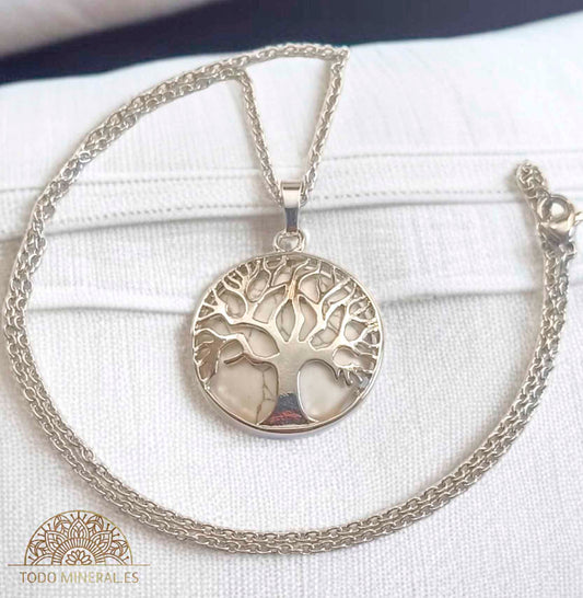 Collar Árbol De La Vida Metal Con Pedra Howlite Y Cadena Acero 45 Cms - TODOMINERAL