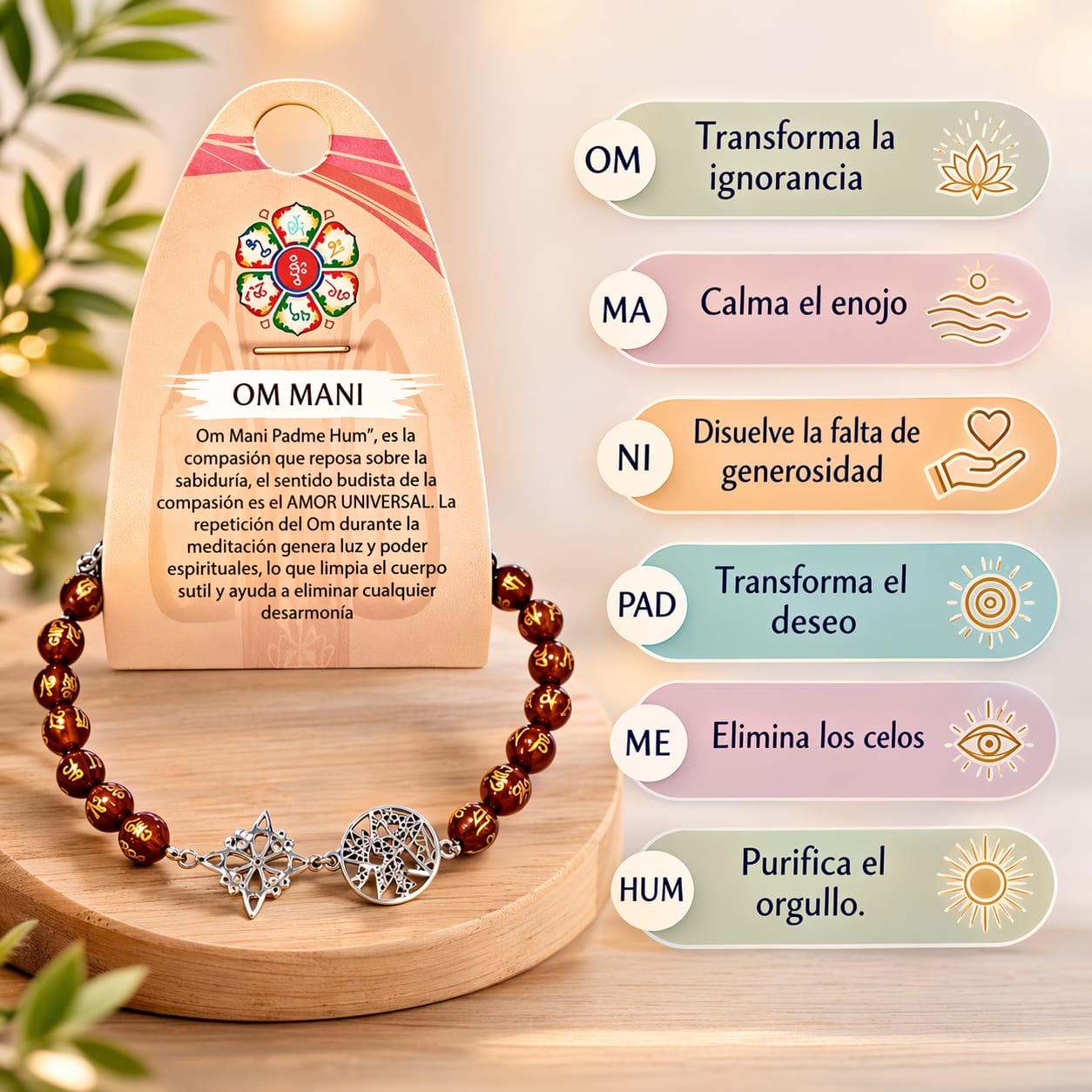 Pulsera de Piedra Natural Carneola On Mani Padme Hum con Dijes de (Nudo de Bruja y Tetragrámaton) PULSERA ACERO