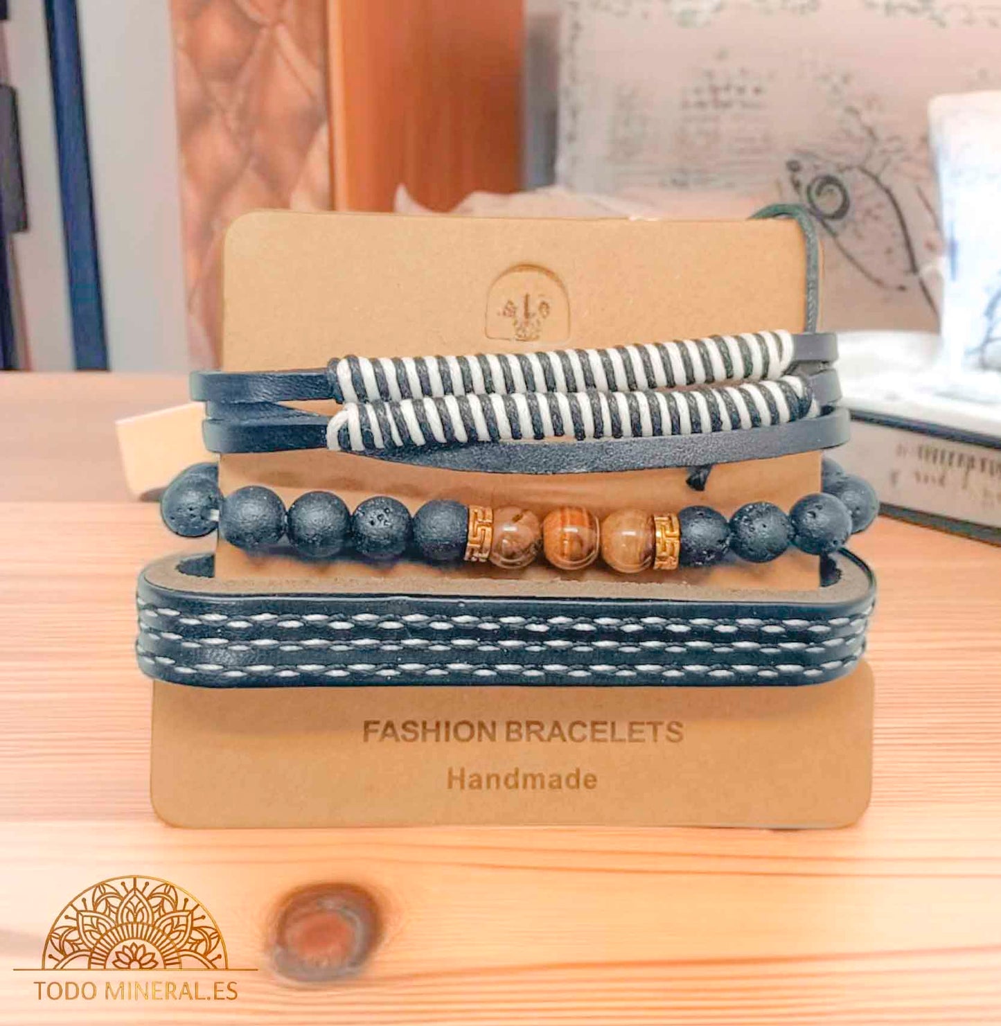 PACK Pulseras Caucho Negro Con Bisuteria Y Mineral Ojo De Tigre - TODOMINERAL