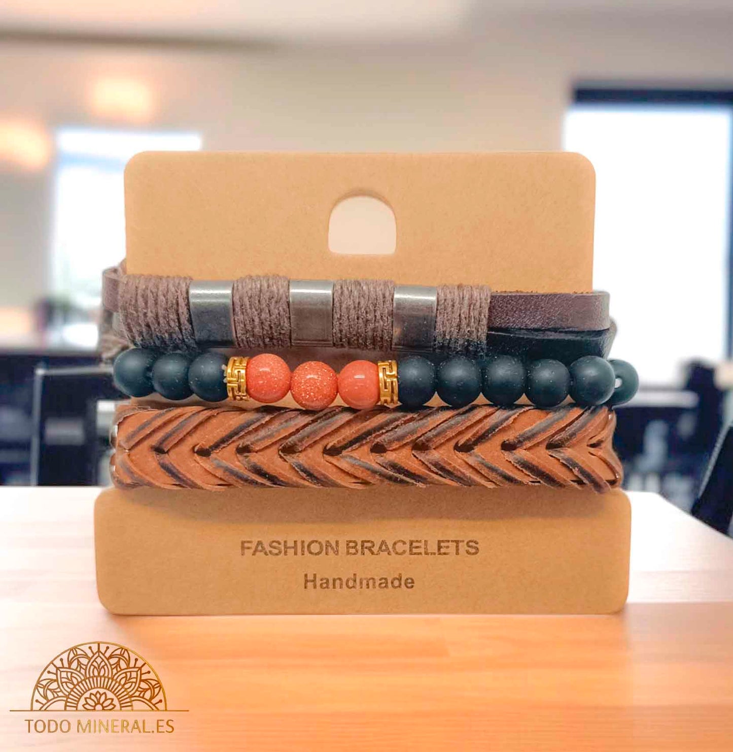 PACK Pulseras Caucho Marron Con Bisuteria Y Mineral Venturina Dorada - TODOMINERAL