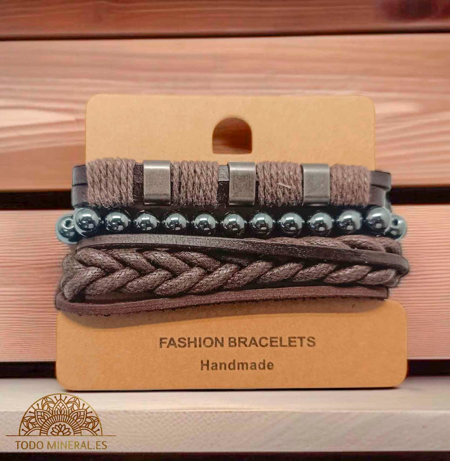 PACK Pulseras Caucho Marron Con Bisuteria Y Mineral Hematite - TODOMINERAL