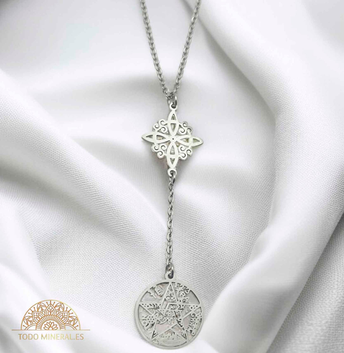 Collar Doble Protección Nudo De Bruja Tetragramaton En Acero Inoxidable Con Cadena 45 Cms TODOMINERAL