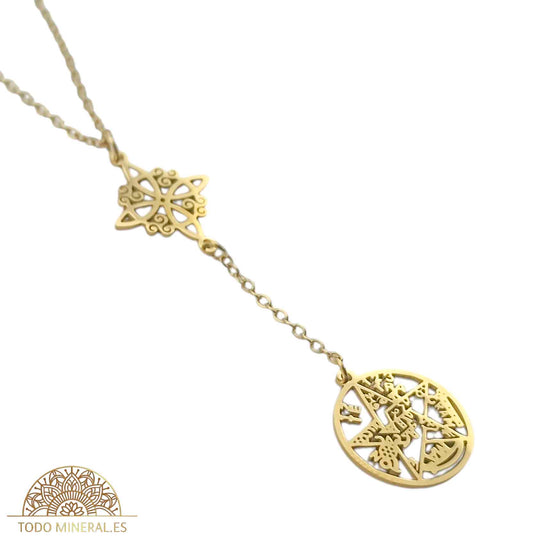 Collar Doble Protección Nudo De Bruja Tetragramaton En Acero Dorado Con Cadena 45 Cms TODOMINERAL