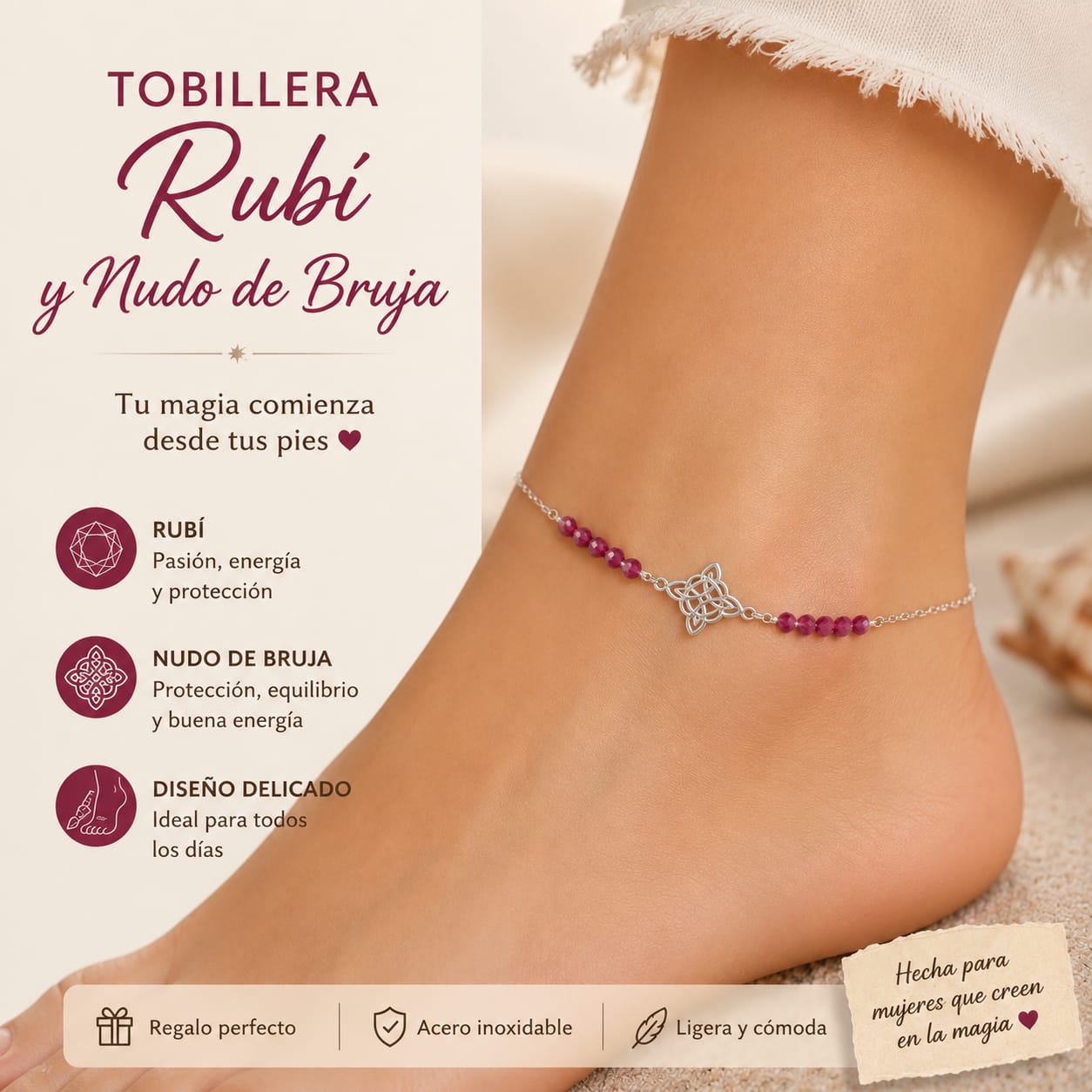 Juego Pulsera + Tobillera Rubí y Nudo de Bruja | Acero Inoxidable Ajustable PULSERA ACERO