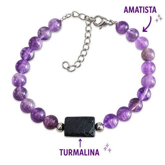 Pulsera de Piedra Natural Amatista Con Entrepieza Piedra Turmalina Proteccion y Calma PULSERA ACERO