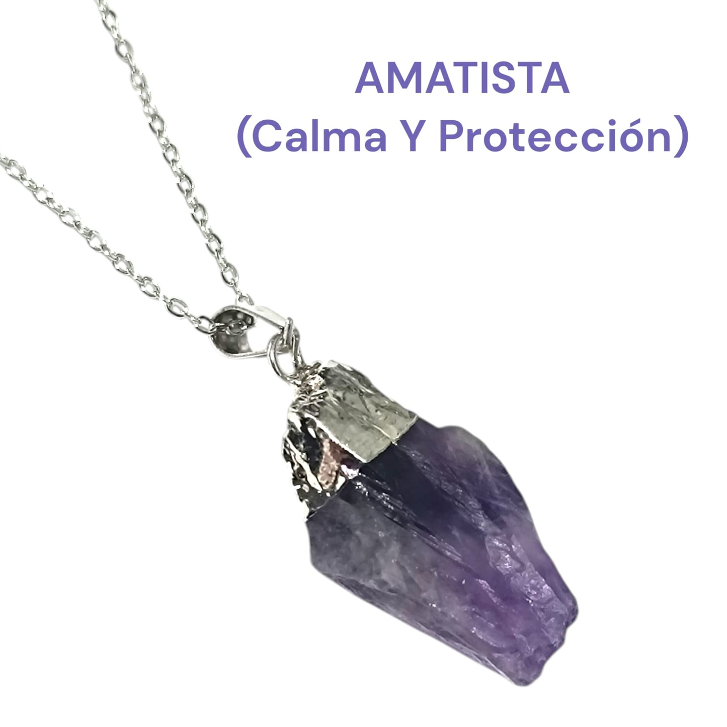 Colgante Mineral Amatista En Bruto engarzado Con Baño Metal Para Calma Y Proteccion Cadena Acero ELIGE TAMAÑO CADENA TODOMINERAL