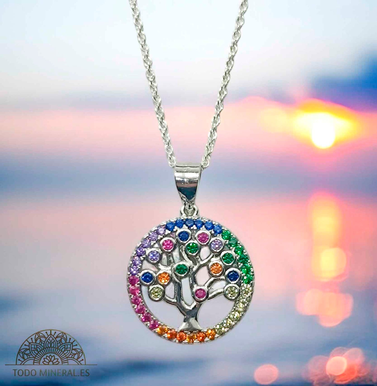 Collar Árbol De La Vida 16 mm Con Circonita y Cadena Plata 925 40 CMS TODOMINERAL