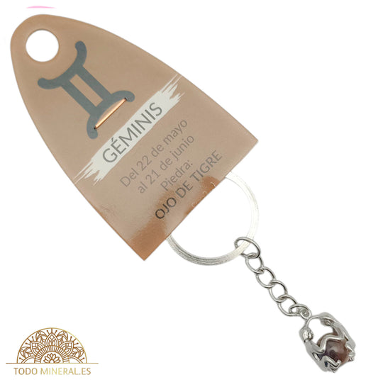 Llavero Metal Horóscopo Géminis Con Bola Ojo De Tigre - TODOMINERAL
