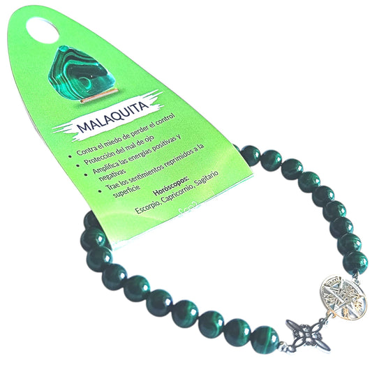 Pulsera Piedra Natural Malaquita Original 6mm | Nudo de Bruja y Tetragrámaton | Acero Artesanal PULSERA ACERO