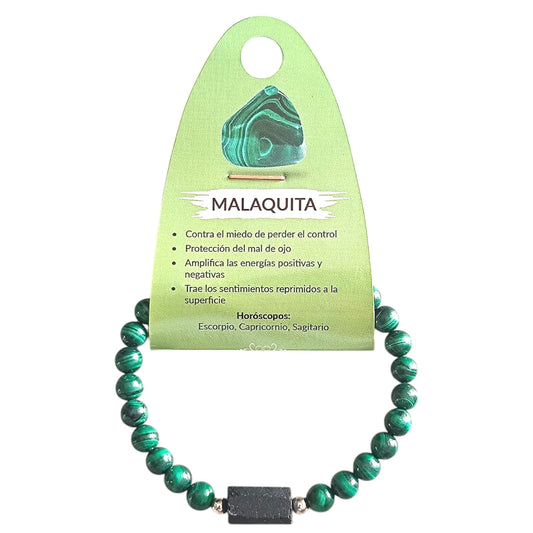 Pulsera Ajustable Piedra Natural Malaquita Con Entrepieza Piedra Turmalina Fabricada En Hilo De Acero PULSERA ACERO