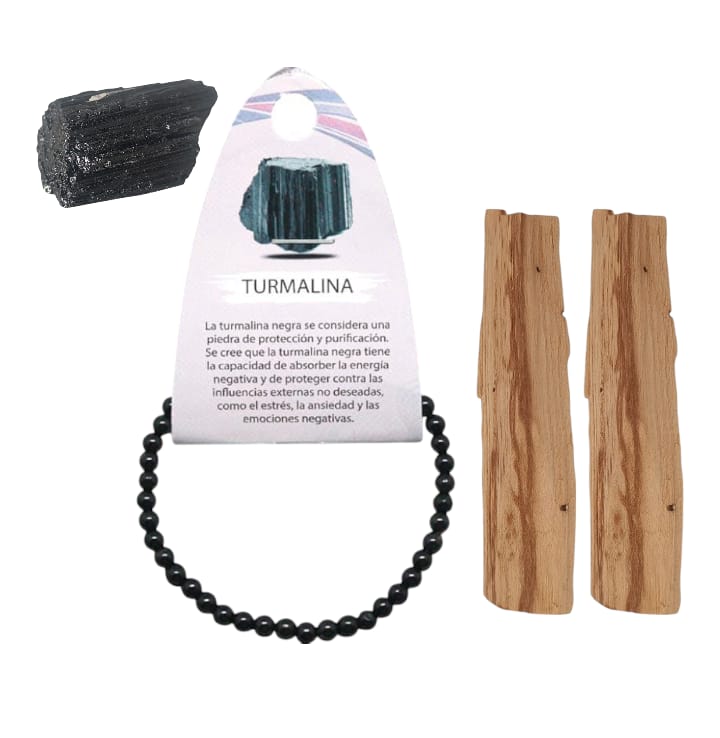 kit Piedra Turmalina , Pulsera 4mm Y Palo Santo TODOMINERAL