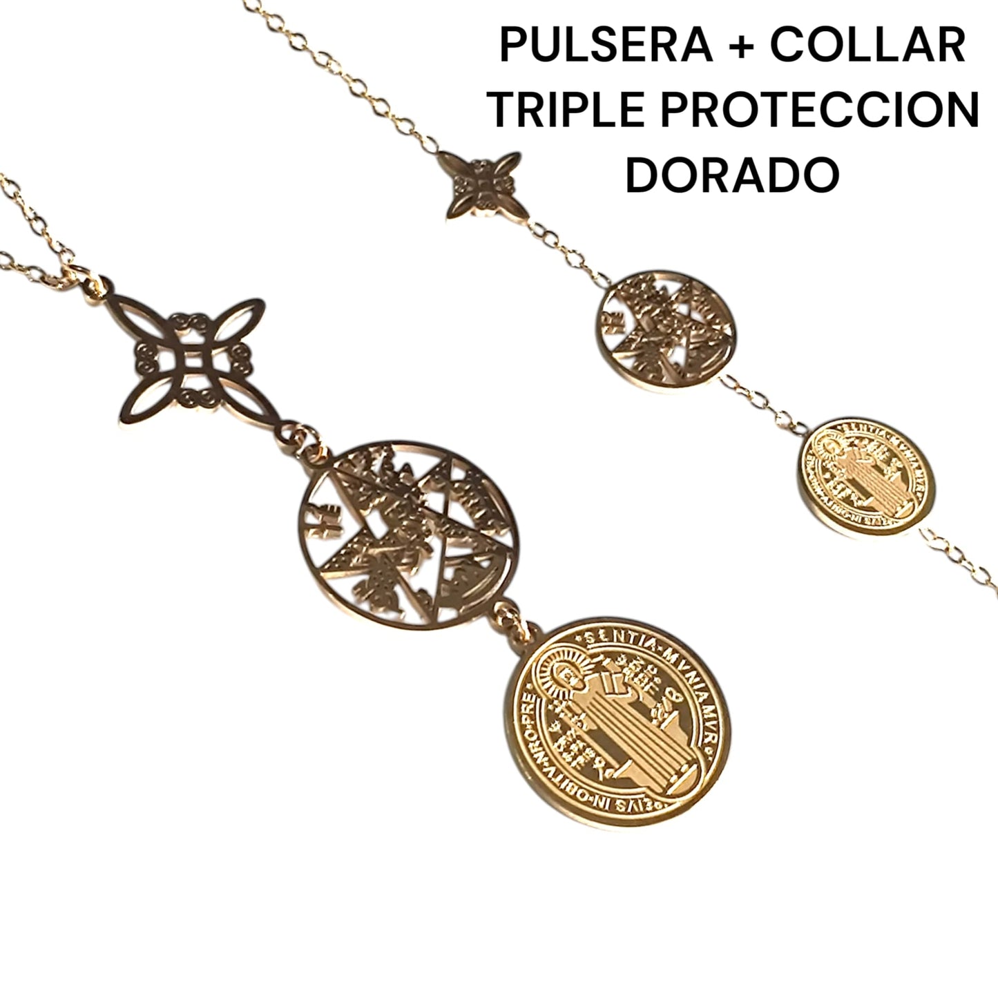 Collar Triple Protección Nudo De Bruja Tetragramaton Y San Benito En Acero ELIGE TAMAÑO CADENA Y COLOR TODOMINERAL