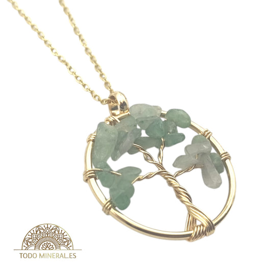 Collar En Acero Dorado Árbol De La Vida 30 mm Piedra Aventurina Con Cadena 45 Cms TODOMINERAL