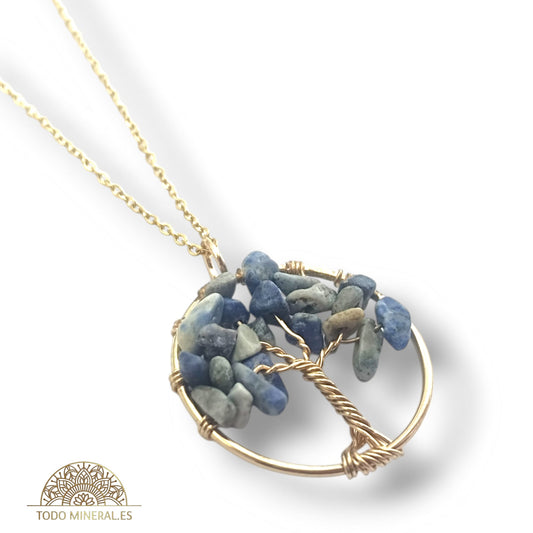 Collar En Acero Dorado Árbol De La Vida 30 mm Piedra Sodalita Con Cadena 40 Cms
