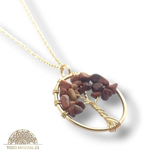 Collar En Acero Dorado Árbol De La Vida 30 mm Piedra Jaspe Rojo Con Cadena 40 Cms TODOMINERAL
