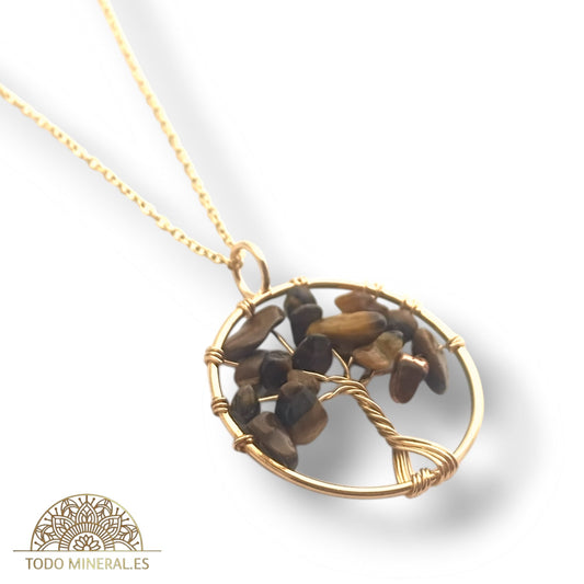 Collar En Acero Dorado Árbol De La Vida 30 mm Piedra Ojo De Tigre Con Cadena 40 Cms TODOMINERAL