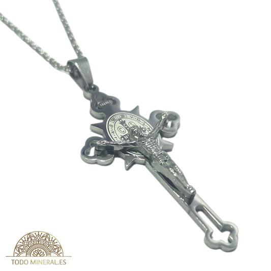 Collar Acero Cruz Cristo Y Medalla San Benito 55 mm Con Cadena 45 Cms TODOMINERAL