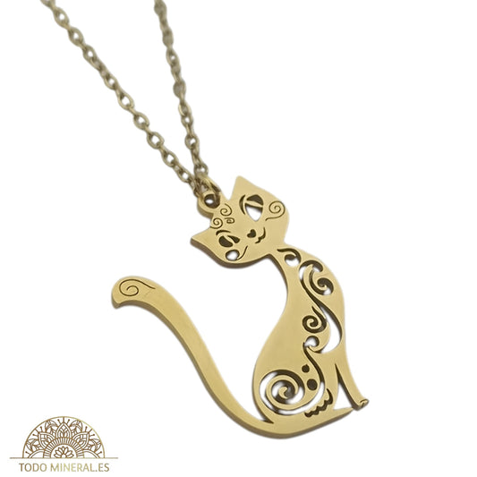Collar Gato En Acero Dorado Con Cadena 40 Cms TODOMINERAL