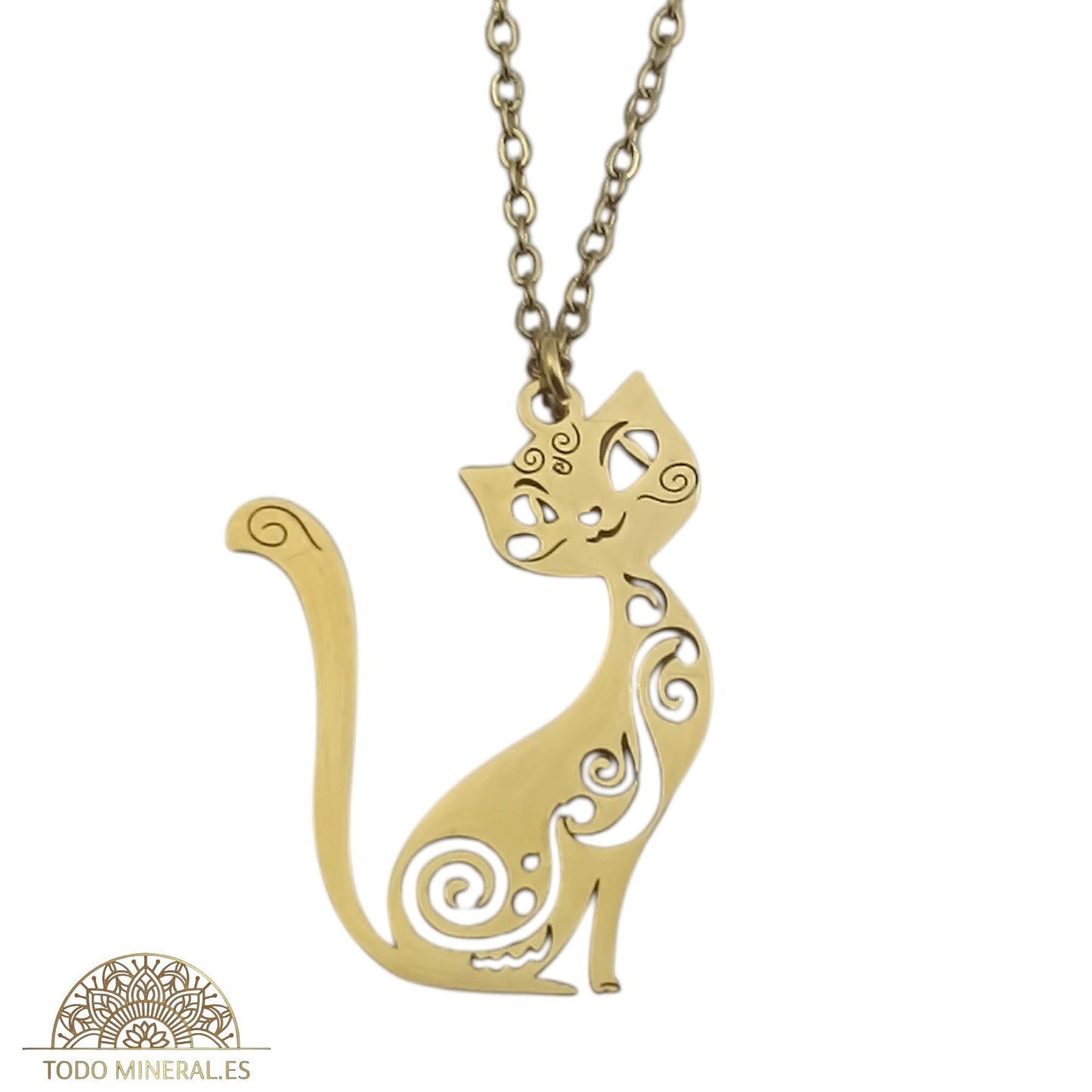 Collar Gato En Acero Dorado Con Cadena 40 Cms TODOMINERAL