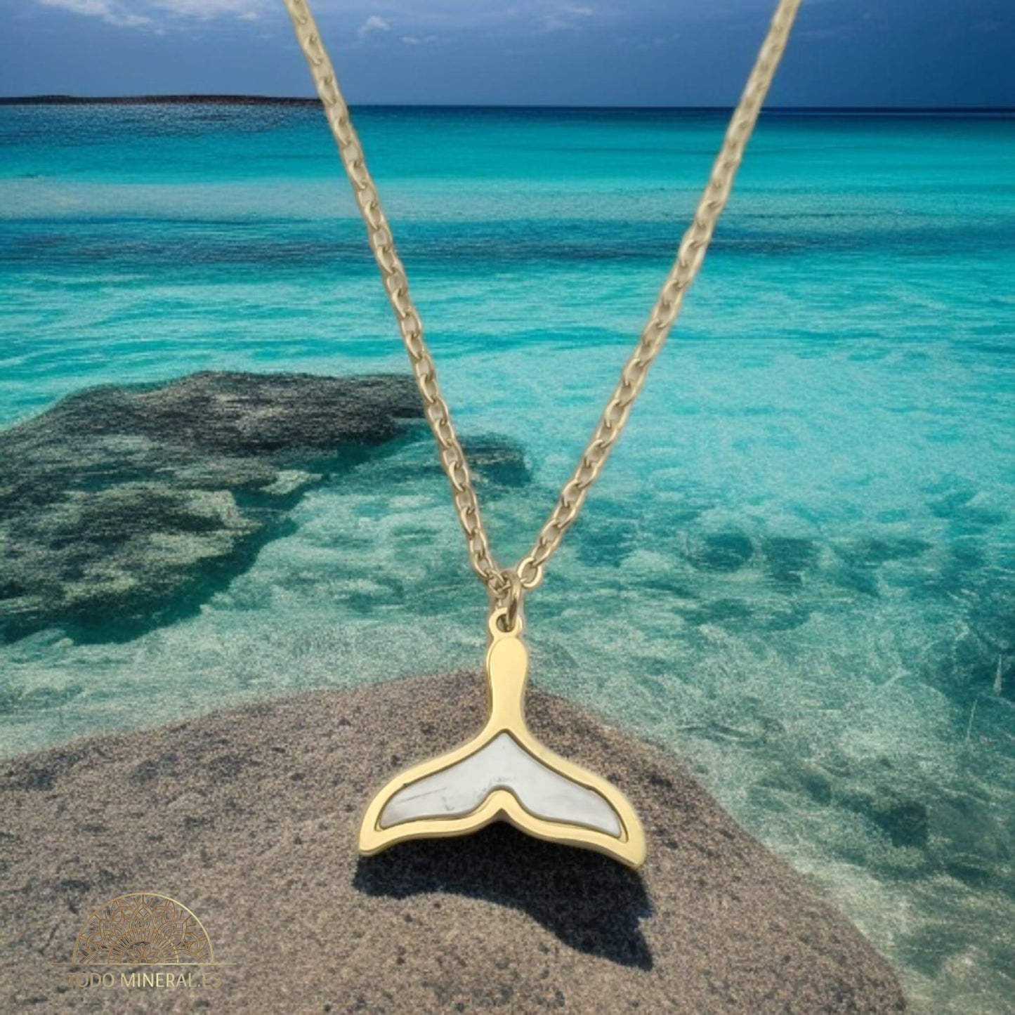 Collar Cola De Ballena Con Nacar y Acero Dorado Con Cadena 40 Cms TODOMINERAL