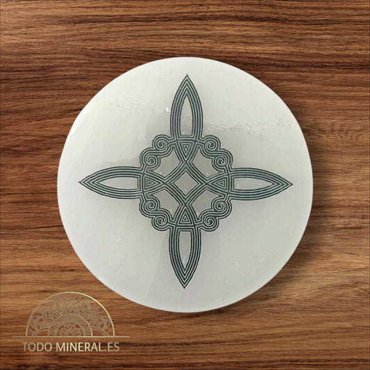Plato Selenita 10 Cms Para Limpieza Minerales Grabado Símbolo Nudo De Bruja TODOMINERAL