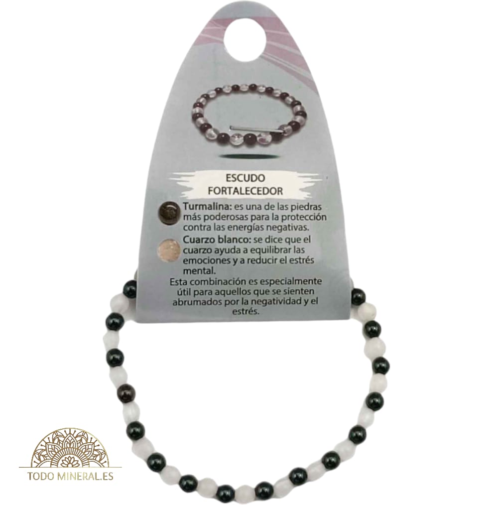 Pulsera Combinada Piedra Cuarzo Blanco Y Turmalina Para Escudo Fortalecedor Piedra De 4 mm PULSERAS MINERALES