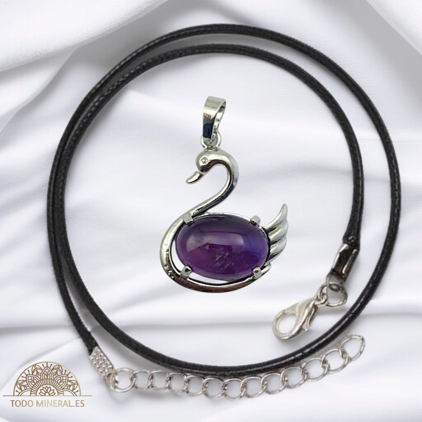 Colgante Cisne Metal Con Piedra Amatista (INCLUYE CORDON 45 CMS EN NEGRO) TODOMINERAL