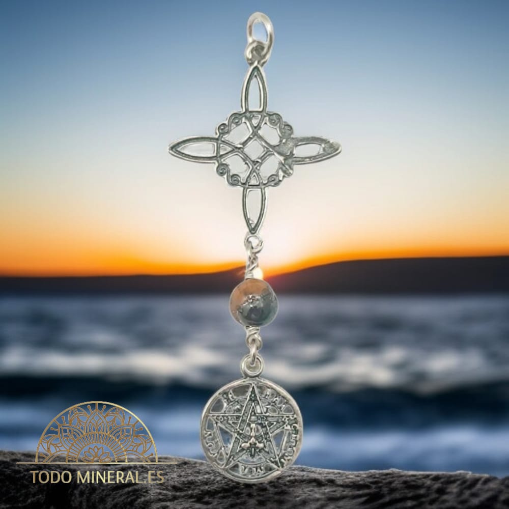 Colgante Plata 925 Triple Protección Nudo De Bruja Tetragramaton y Piedra Natural Ojo De Tigre 55 mm Aproximadamente (Copia) TODOMINERAL