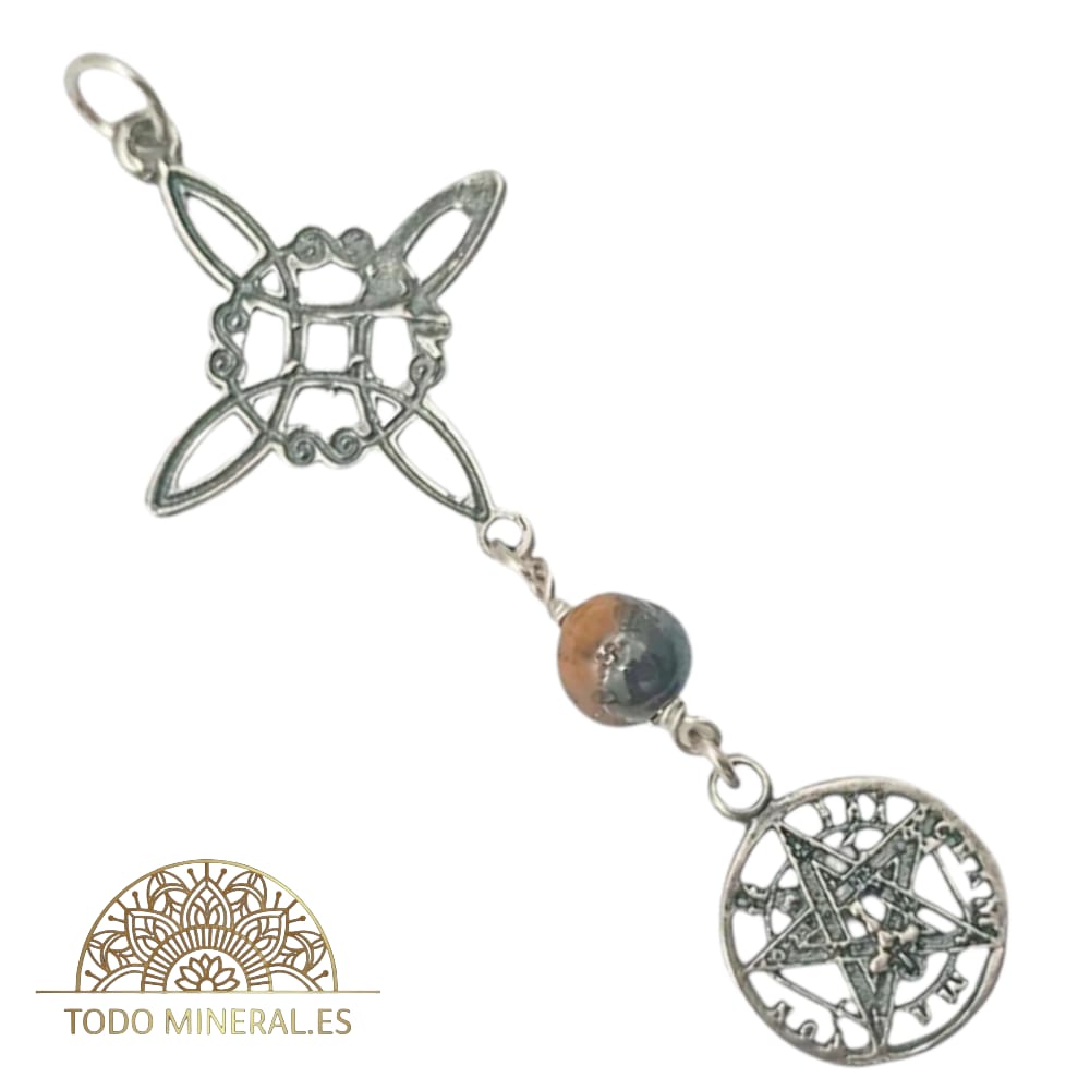 Colgante Plata 925 Triple Protección Nudo De Bruja Tetragramaton y Piedra Natural Ojo De Tigre 55 mm Aproximadamente (Copia) TODOMINERAL