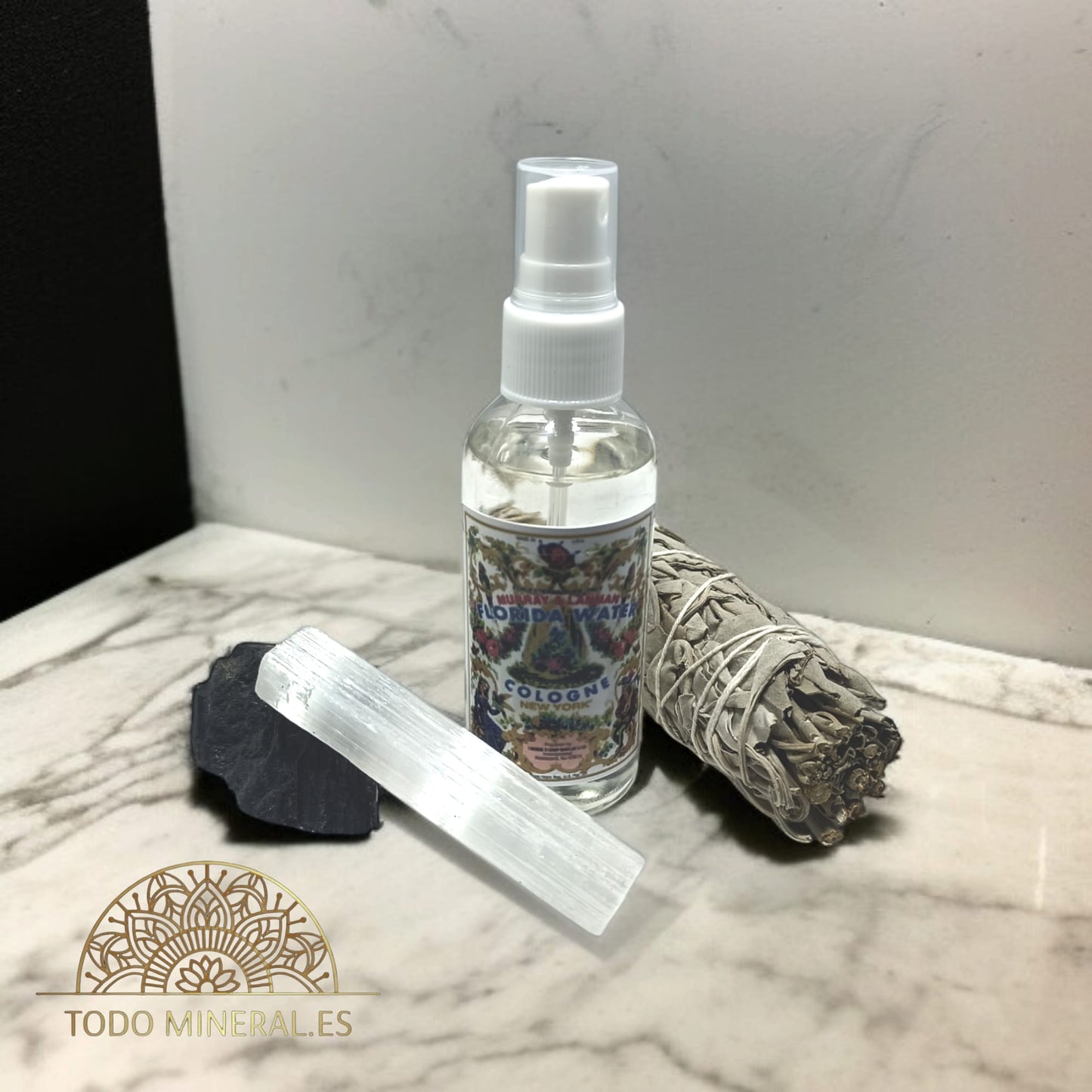 Kit Limpieza Y Proteccion Difusor Con Agua Florida 70ml Salvia Palo Santo y Selenita TODOMINERAL
