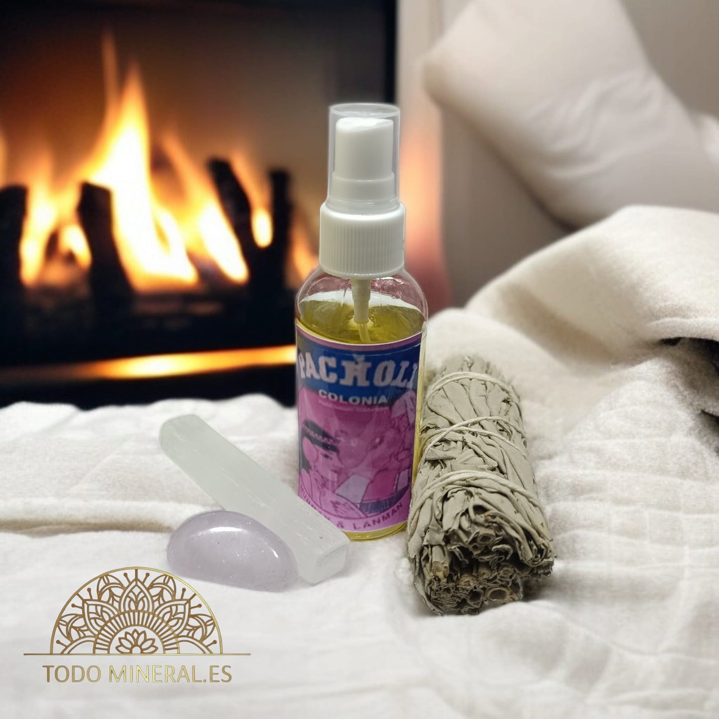 Kit Amor Y Sensualidad Difusor Con Agua Pacholi 70ml Salvia Palo Santo Selenita Y Cuarzo Rosa TODOMINERAL