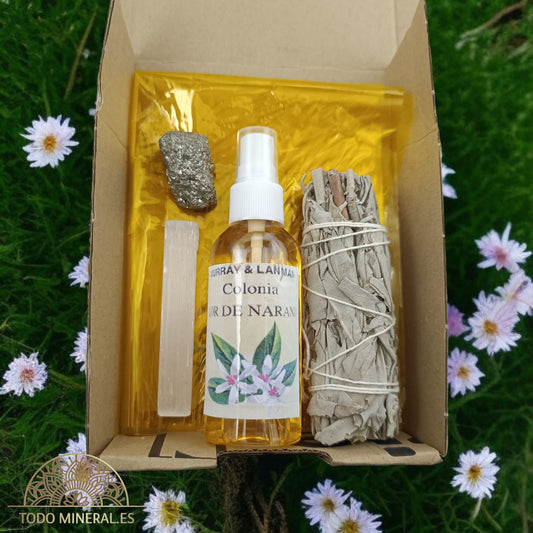 Kit Limpieza Y Abundancia Difusor Con Agua Pacholi 70ml Salvia Palo Santo Selenita Y Cuarzo Rosa (Copia) TODOMINERAL