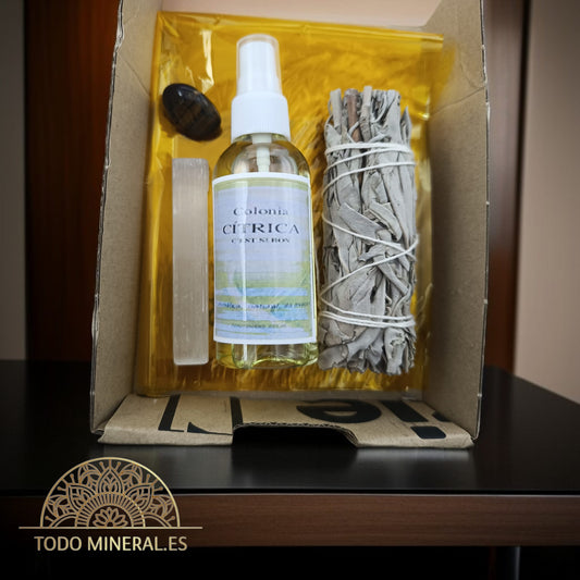Kit Protección Contra Envidia Difusor Con Colonia Citrica 70ml Salvia Palo Santo Selenita Y Ojo De Tigre TODOMINERAL