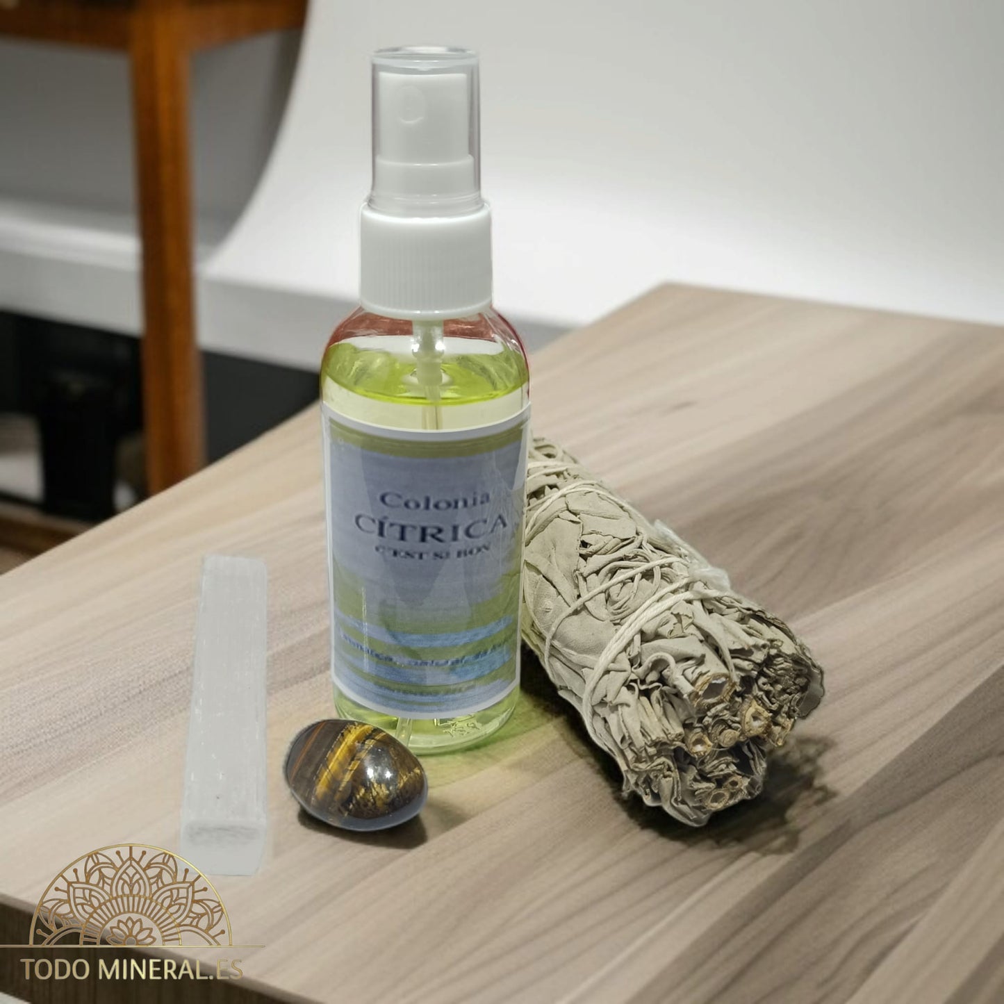 Kit Protección Contra Envidia Difusor Con Colonia Citrica 70ml Salvia Palo Santo Selenita Y Ojo De Tigre TODOMINERAL