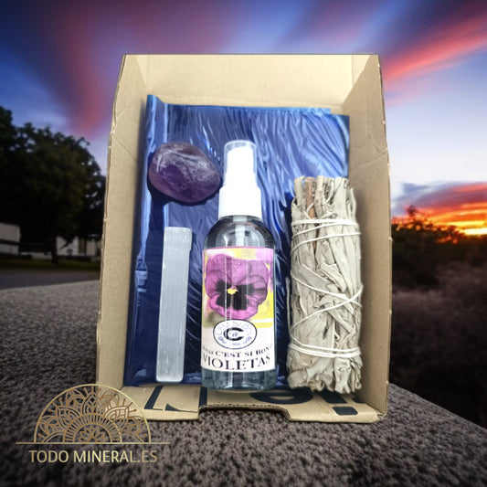 Kit Protección Limpieza Y Serenidad Difusor Con Colonia Violetas 70ml Salvia Palo Santo Selenita Y Amatista TODOMINERAL