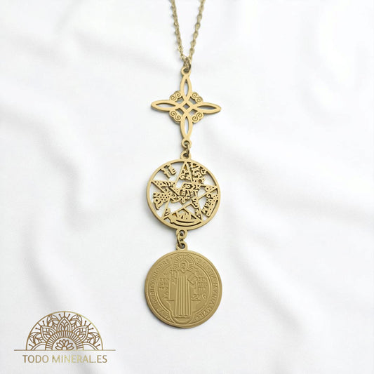 Collar Nudo De Bruja Tetragramaton Y San Benito En Acero Dorado Con Cadena 45 Cms TODOMINERAL