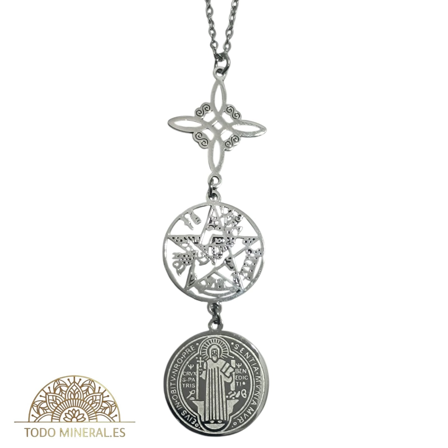 Collar Nudo De Bruja Tetragramaton Y San Benito En Acero Con Cadena 45 Cms TODOMINERAL