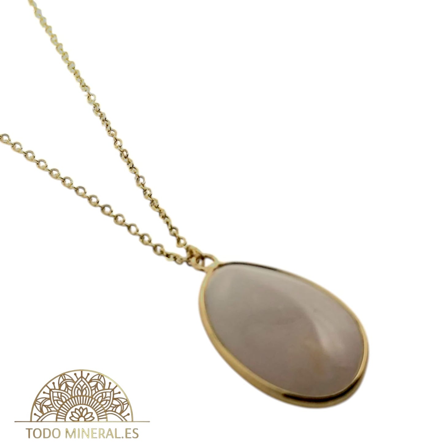Collar Piedra Natural Cuarzo Rosa Engarzado En Acero Dorado Con Cadena 45 Cms TODOMINERAL