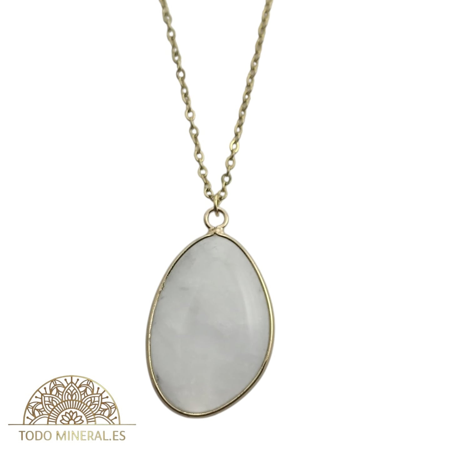 Collar Piedra Natural Cuarzo Blanco Engarzado En Acero Dorado Con Cadena 45 Cms TODOMINERAL
