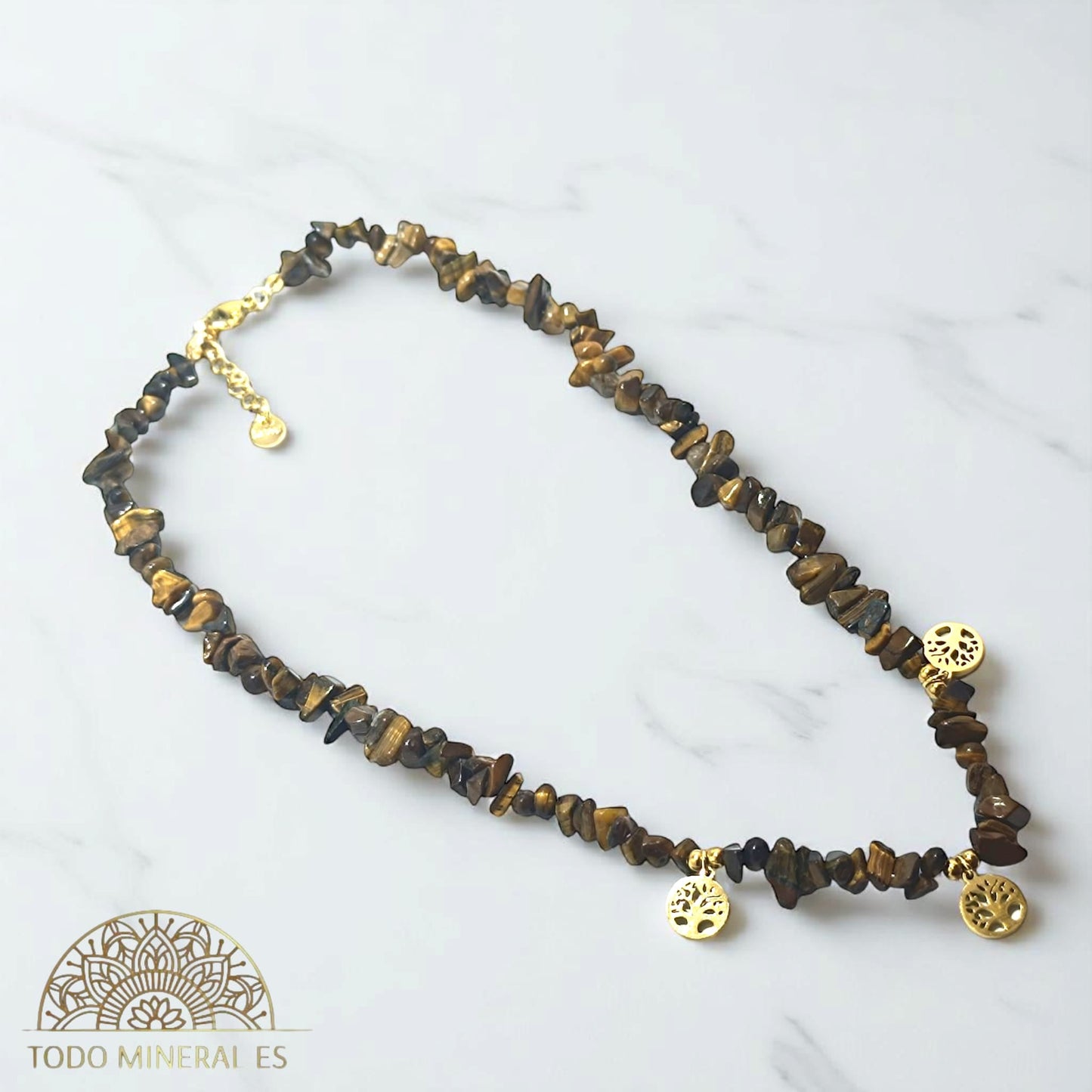 Collar Cips Piedra Natural Ojo De Tigre Con Dijes Árbol De La Vida 45 Cms TODOMINERAL