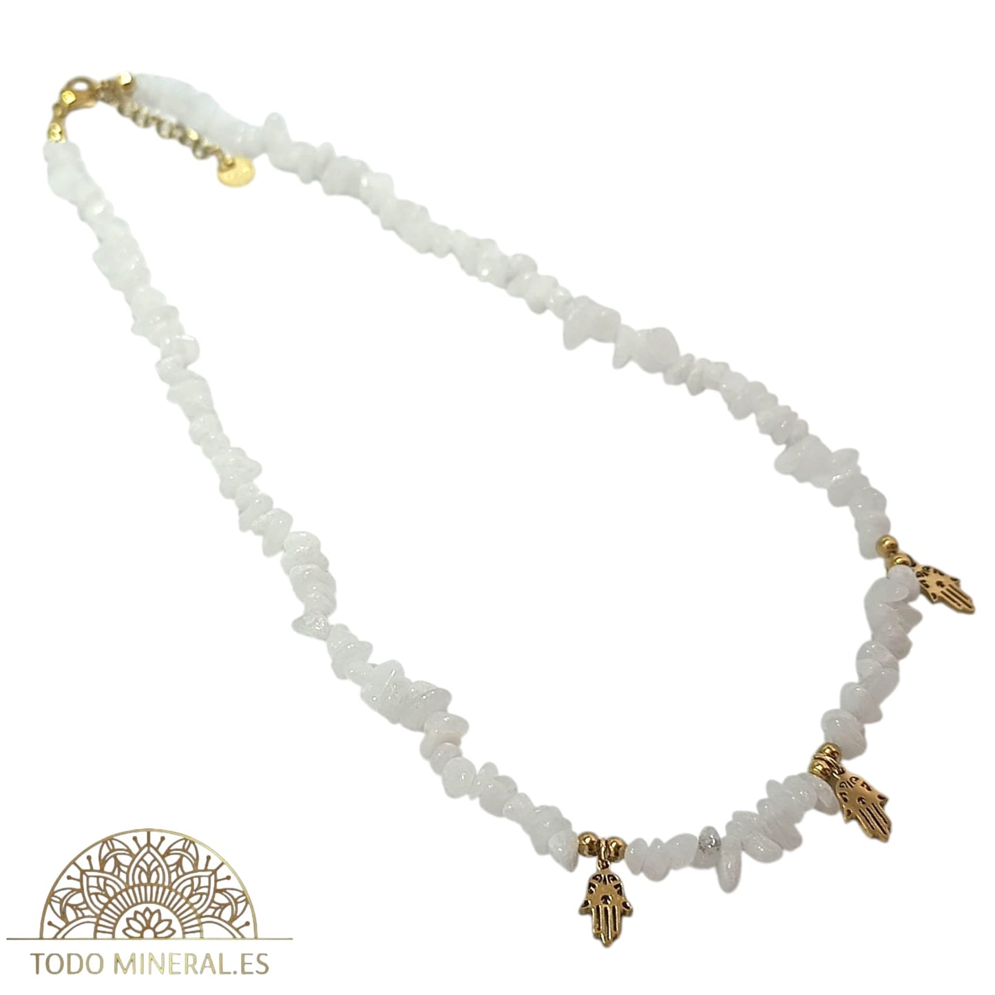 Collar Cips Piedra Natural Cuarzo Blanco Con Dijes Mano De Fátima 45 Cms TODOMINERAL