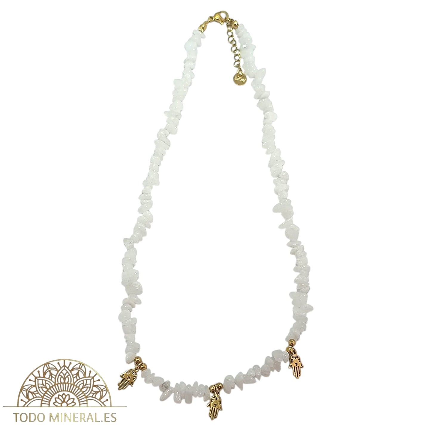 Collar Cips Piedra Natural Cuarzo Blanco Con Dijes Mano De Fátima 45 Cms TODOMINERAL