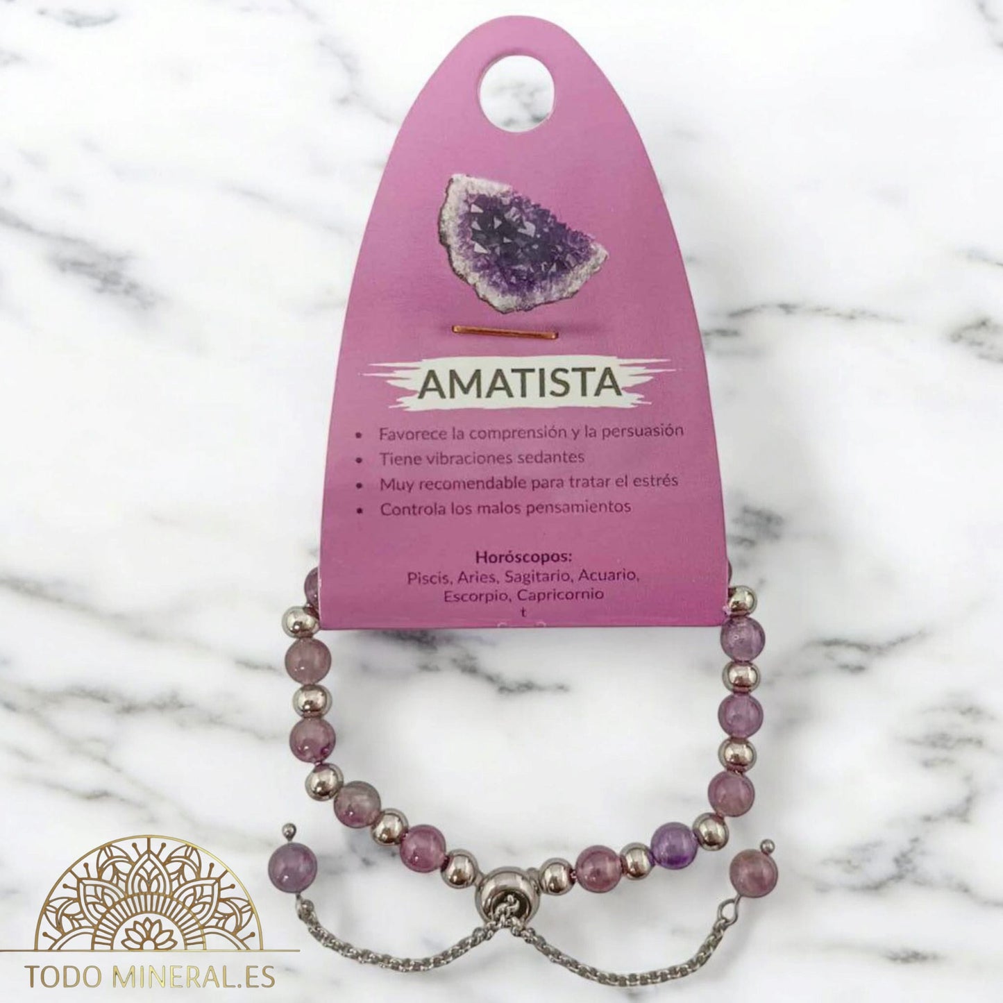 Pulsera Ajustable Piedra Natural 6 mm Amatista Y Bolas De Acero 4 mm 600103344 PULSERAS MINERALES