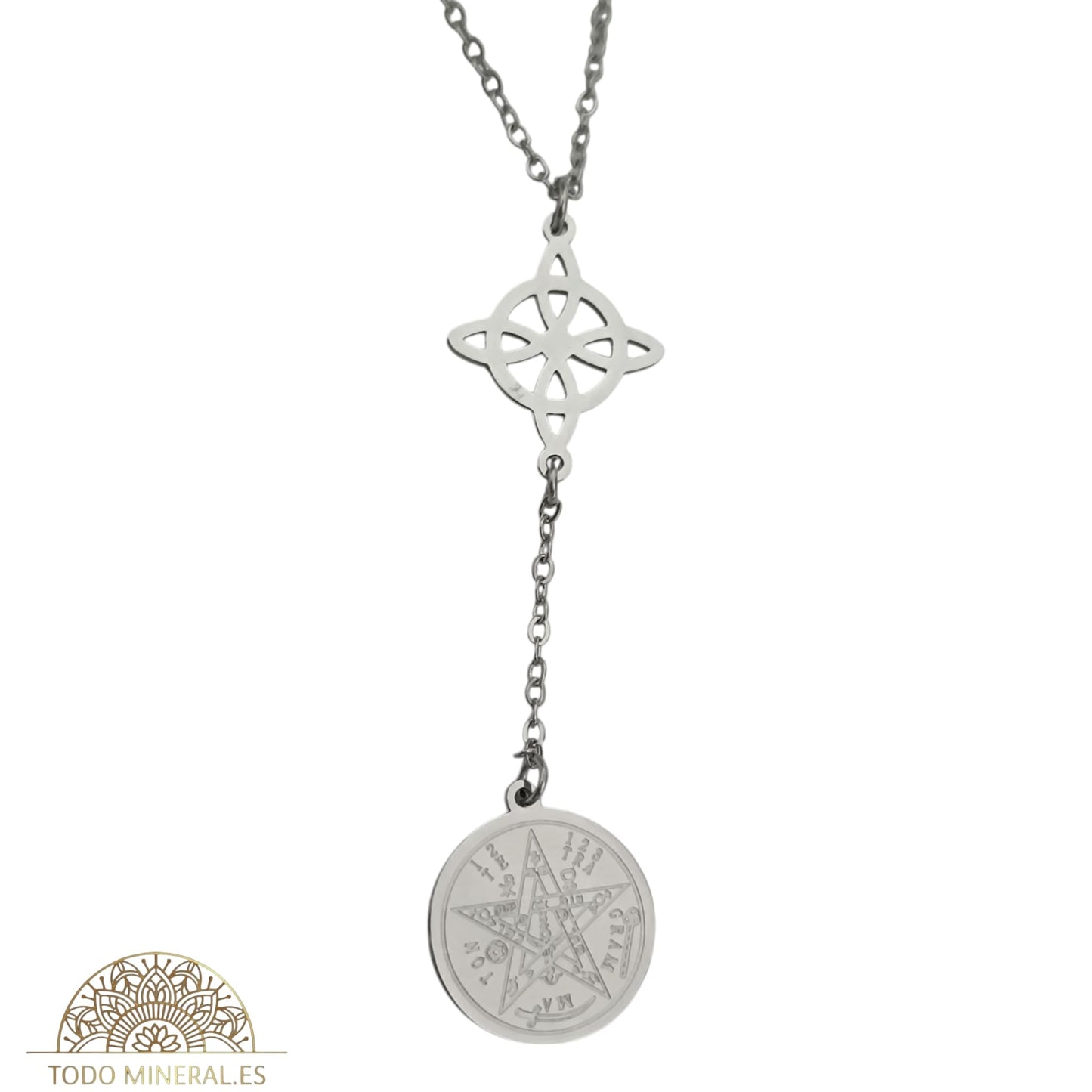 Collar Doble Protección Acero Nudo De Bruja Tetragramaton Con Cadena 45 Cms TODOMINERAL