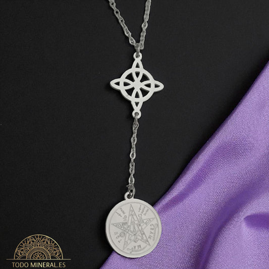 Collar Doble Protección Acero Nudo De Bruja Tetragramaton Con Cadena 45 Cms TODOMINERAL